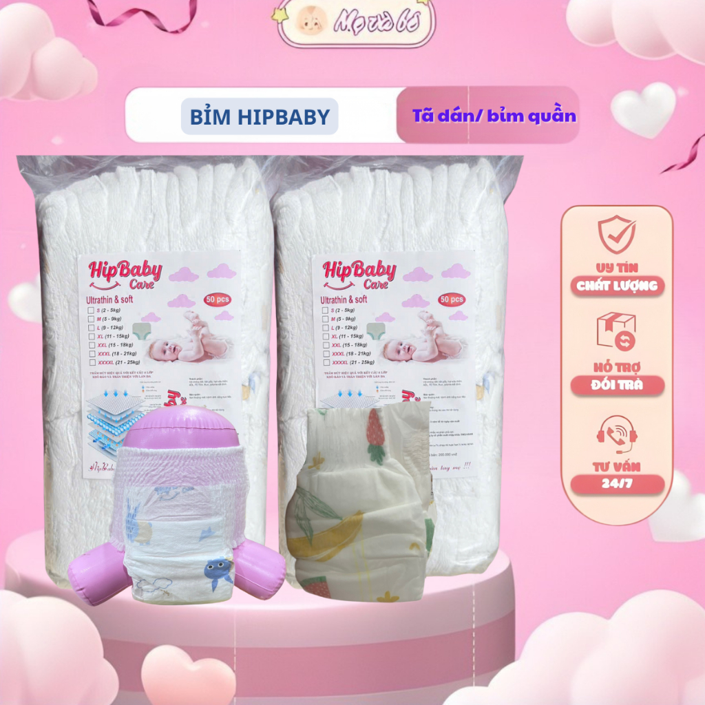 Combo 100 Bỉm Quần -Tã Dán Hipbaby  Loại 1 phiên bản nâng cấp Cho Bé yêu