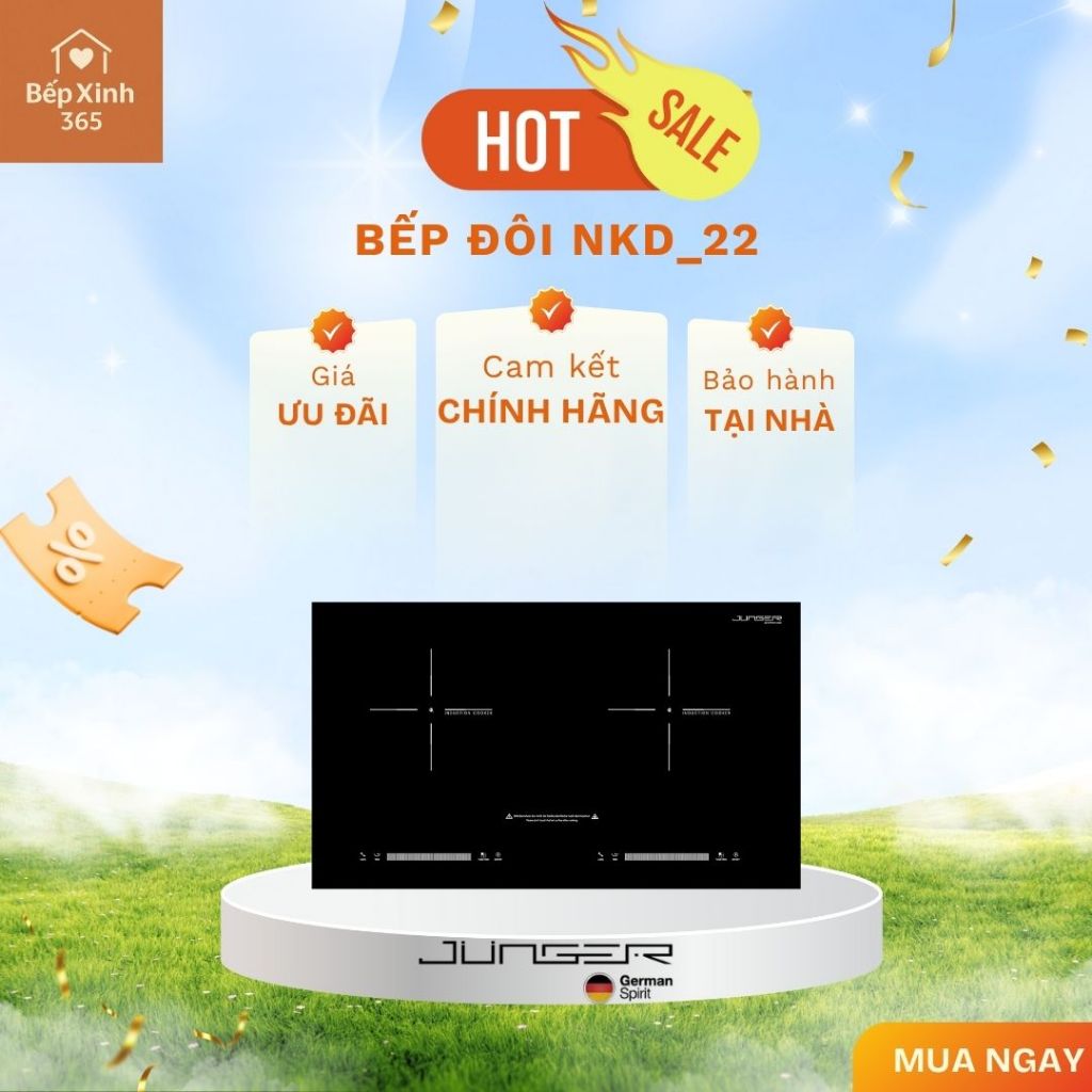 Bếp đôi Junger NKD_22 cao cấp - Hàng chính hãng, Tặng Bộ nồi inox 7 chi tiết Junger CWJ_070