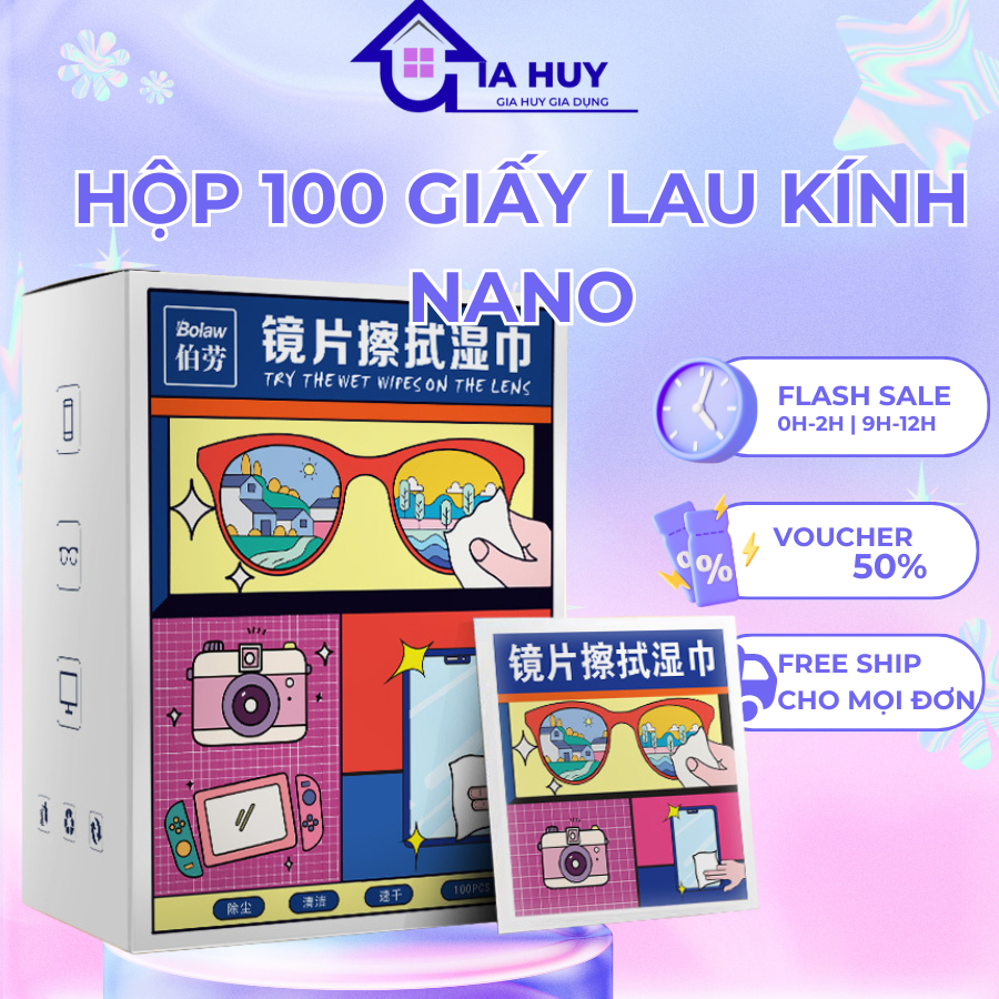 Hộp 100 Khăn lau kính Nano loại tốt chống bụi hơi nước vân tay, nhỏ gọn, tiện dụng