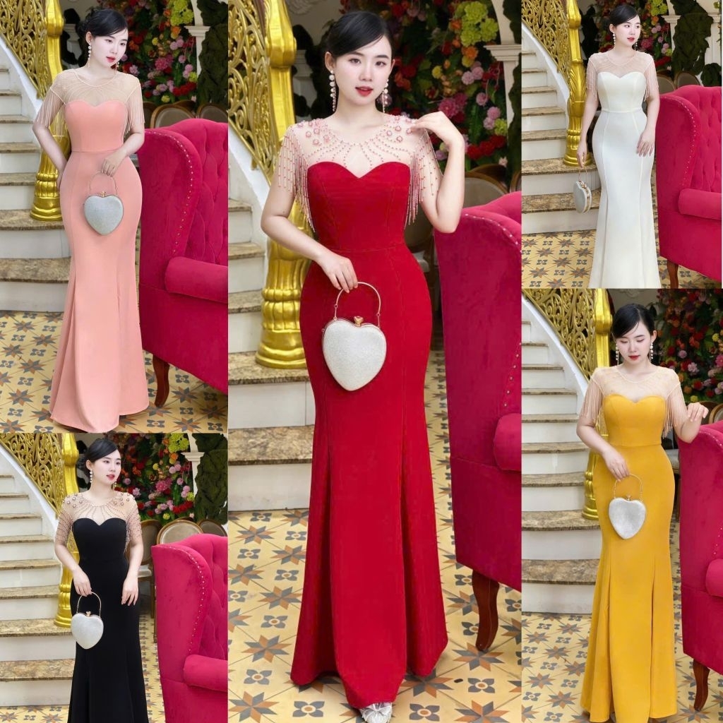 ĐẦM DẠ HỘI ĐUÔI CÁ ĐÔ LƯỚI ĐINH KẾT TUA RUA TKO MM 2025A