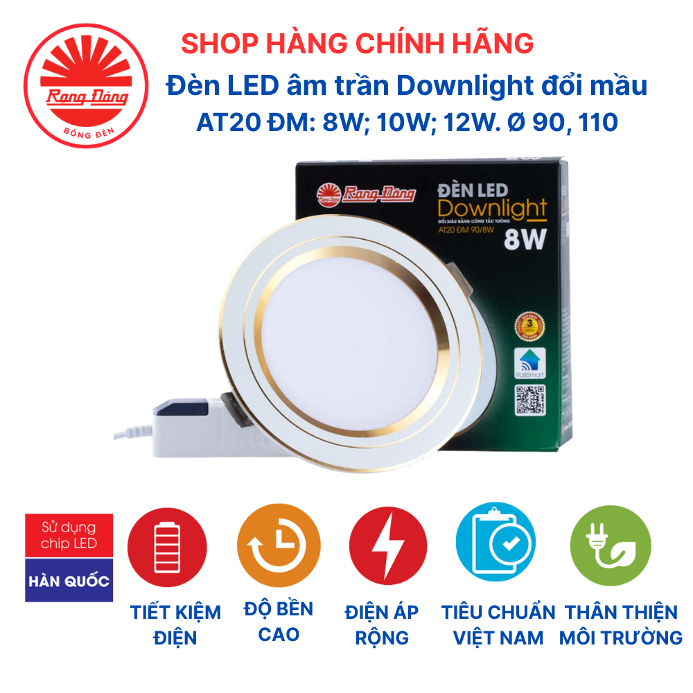 Đèn LED âm trần downlight đổi màu Rạng Đông 8W, 10W, 12W lỗ khóe trần 90, 110