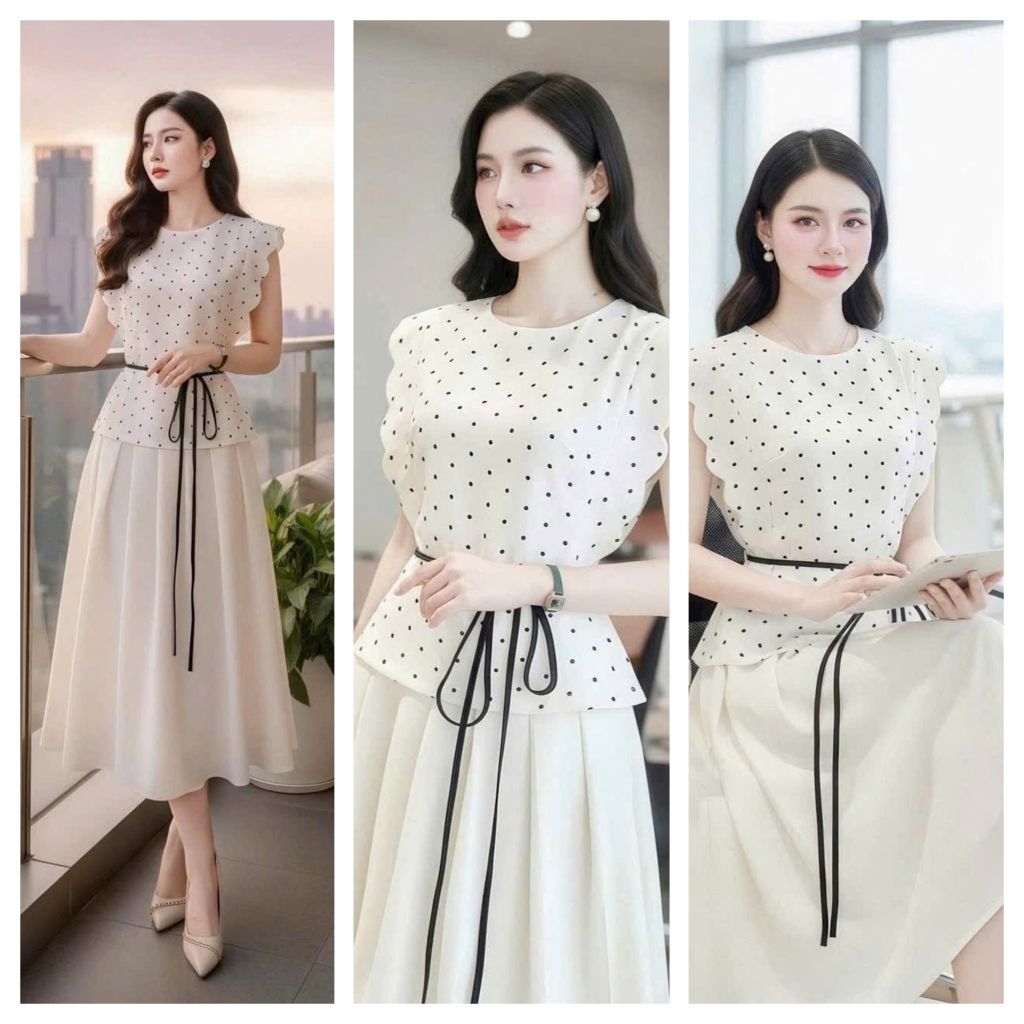 Sét váy dáng dài thời trang nữ mặc đi chơi áo Mango in bi cổ tròn tay ngắn cánh tiên mix chân váy xế