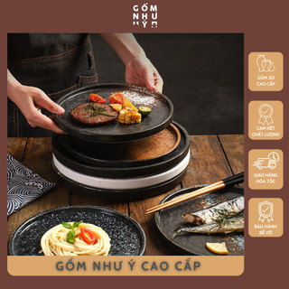Đĩa sứ phẳng men loang Wabi - Sabi dùng ăn Steak, mỳ ý, pizza, sứ dày, chịu nhiệt, an toàn,...