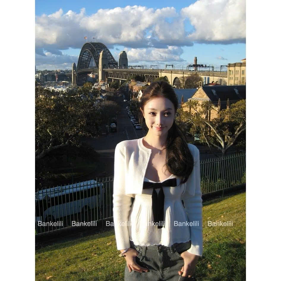 Set Đồ Nữ Trắng Đen Sang Trọng Áo Lửng Bolero & Tank Top Nơ Lớn Thời Trang Thanh Lịch Cổ Điển