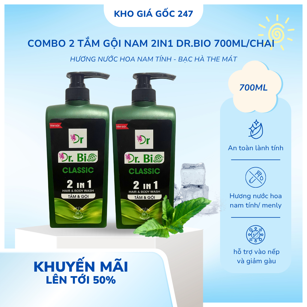 [COMBO 2] Tắm Gội Nam 2 in 1 Dr.Bio Hương Nước Hoa Romano, Xmen 700ml