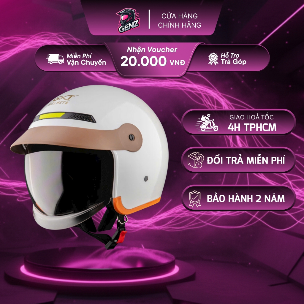 Mũ 3/4 GXT M139 Cao Cấp Màu Trắng Bóng | Kính Âm Tiện Lợi, Lót Êm Thấm Hút,Size M,L,XL - Genz Helmet