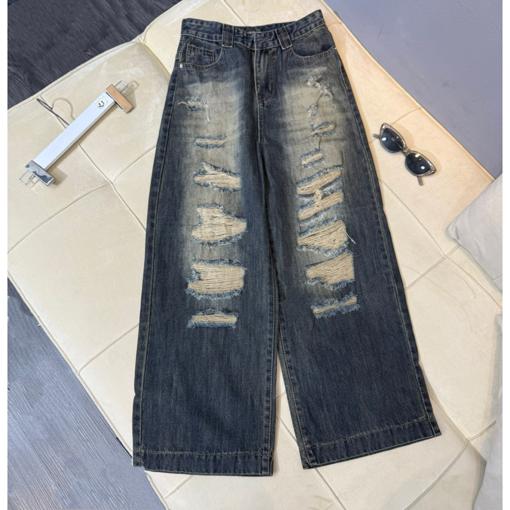 (92cm ) Quần Jean Nữ  Suông Rông Nấm Loang Rách QC .jean  ko giãn - Shop Nhí ( 7324 )