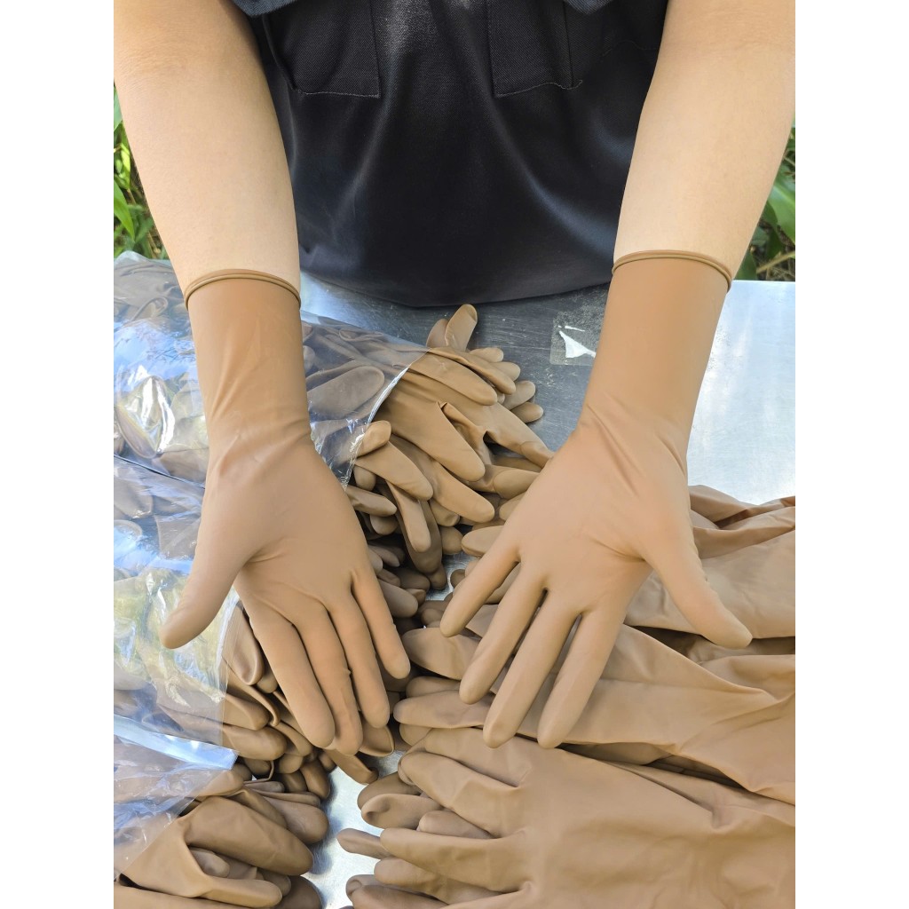 1kg Găng tay NÂU Latext ONE GLOVES - Chính Hãng Malaysia : Cổ dài 30cm định lượng 6.0