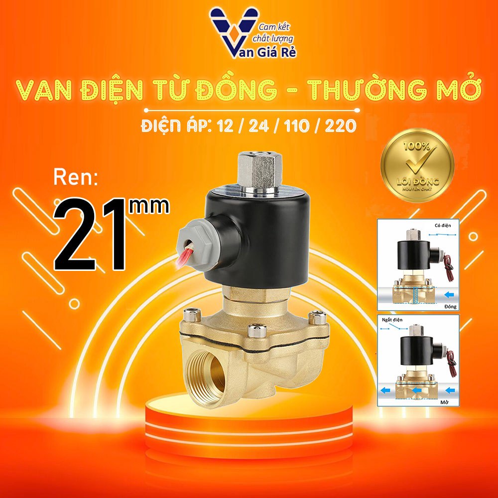 Coil đồng 100%| Van điện từ thường MỞ phi 21 – có điện van đóng, dùng cho nước khí nén dầu, 12V 24V 110V 220V, UWK15