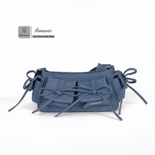  Túi Xách Nữ Da PU Phối Denim Đeo Vai Thời Trang Phối Nơ Đáng Yêu – Aimaner 9511 
