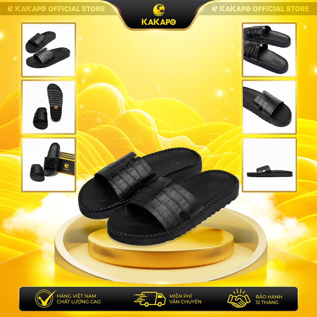 Dép nam quai ngang da bò KAKAPO DB008 Quai đen vằn V, hộp đựng cao cấp, bảo hành 12 tháng