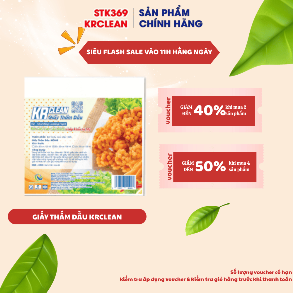 Giấy thấm dầu KRCLEAN 25x25/15x15cm, 25–50 tờ (mỏng/dày), thấm hút dầu mỡ, dùng cho đồ chiên rán