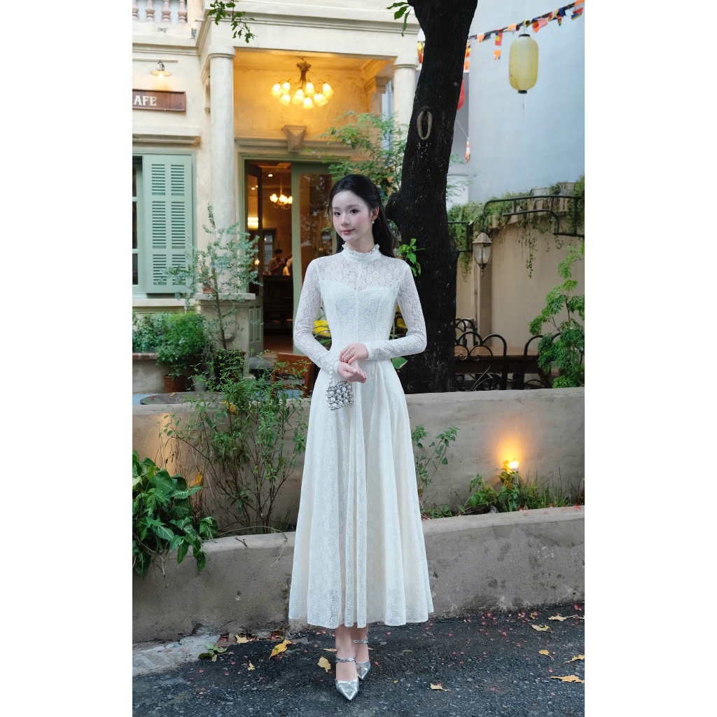 Váy ren hoa cổ bèo dáng xoè, dài tay, lót cotton co giãn – Mio Lady | BigBuy360 - bigbuy360.vn