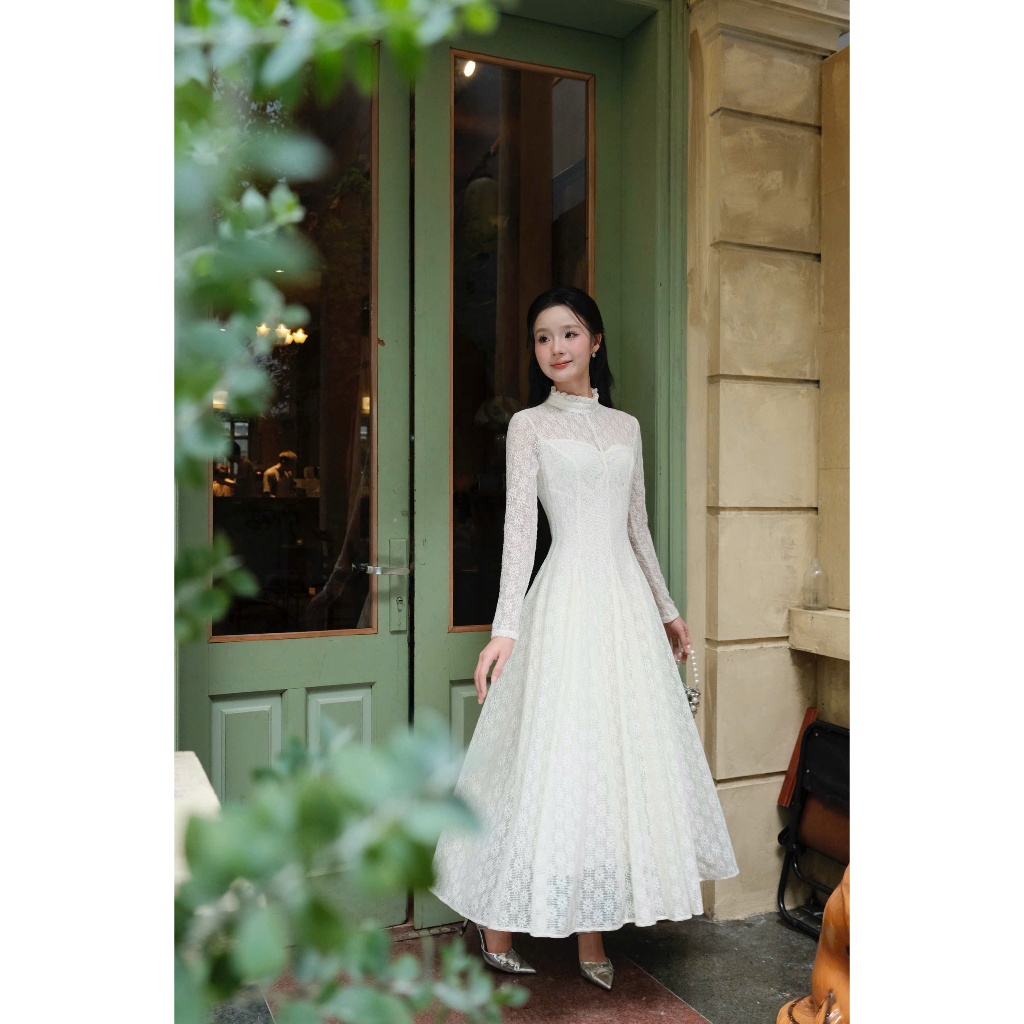 Váy ren hoa cổ bèo dáng xoè, dài tay, lót cotton co giãn – Mio Lady | BigBuy360 - bigbuy360.vn