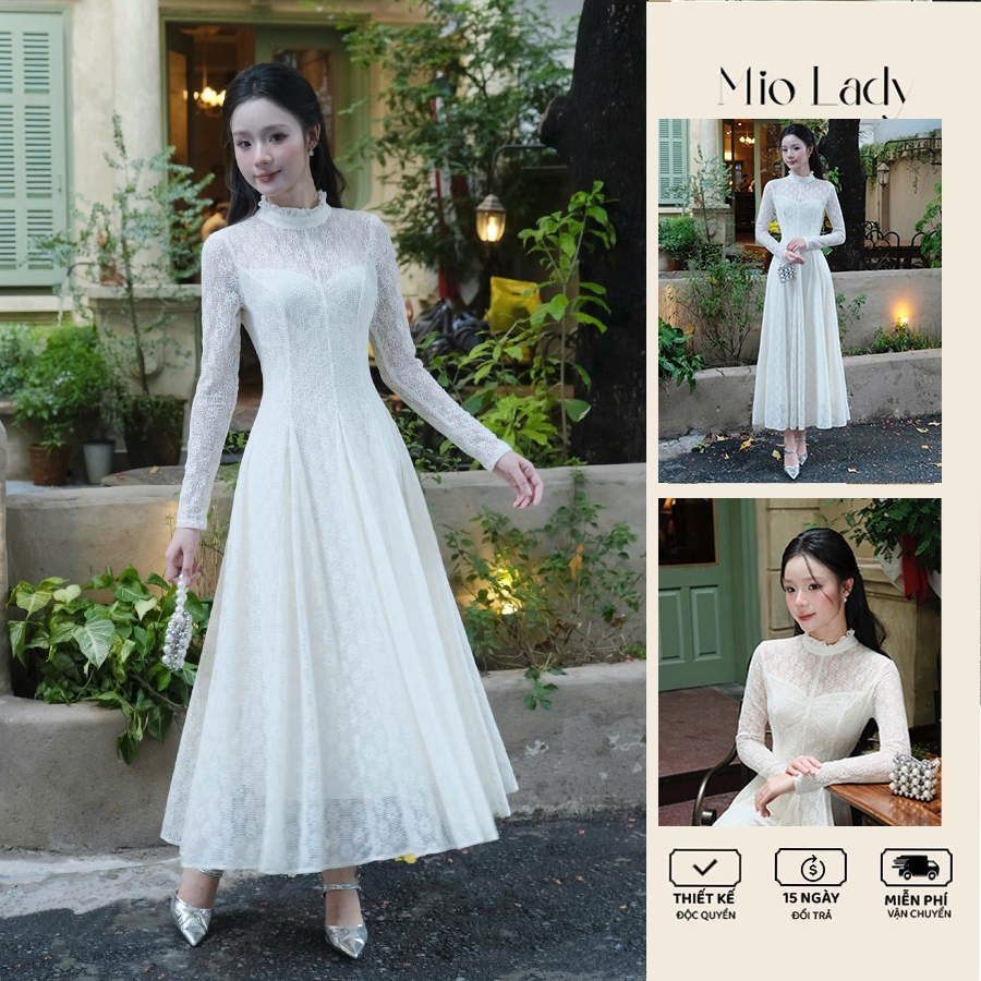 Váy ren hoa cổ bèo dáng xoè, dài tay, lót cotton co giãn – Mio Lady