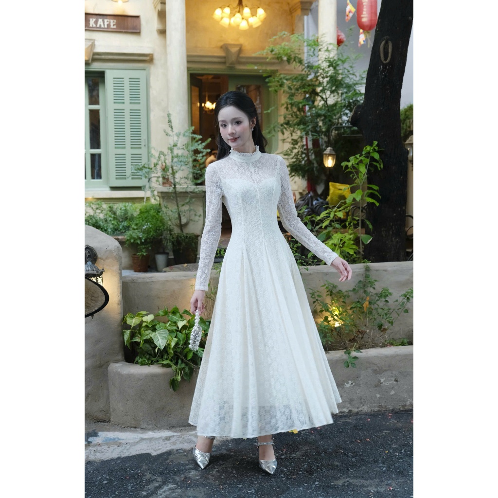Váy ren hoa cổ bèo dáng xoè, dài tay, lót cotton co giãn – Mio Lady | BigBuy360 - bigbuy360.vn