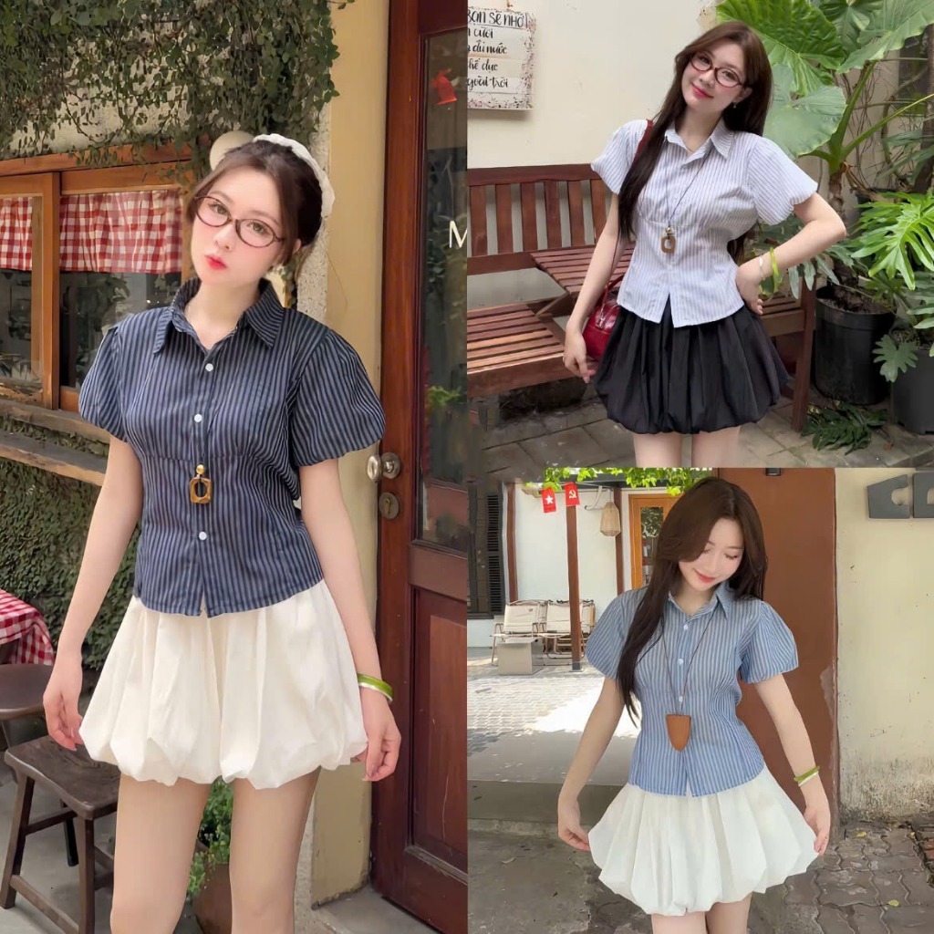 Áo sơ mi kẻ sọc tay bồng chiết eo dễ phối đồ Shees Store Thời Trang Nữ | BigBuy360 - bigbuy360.vn