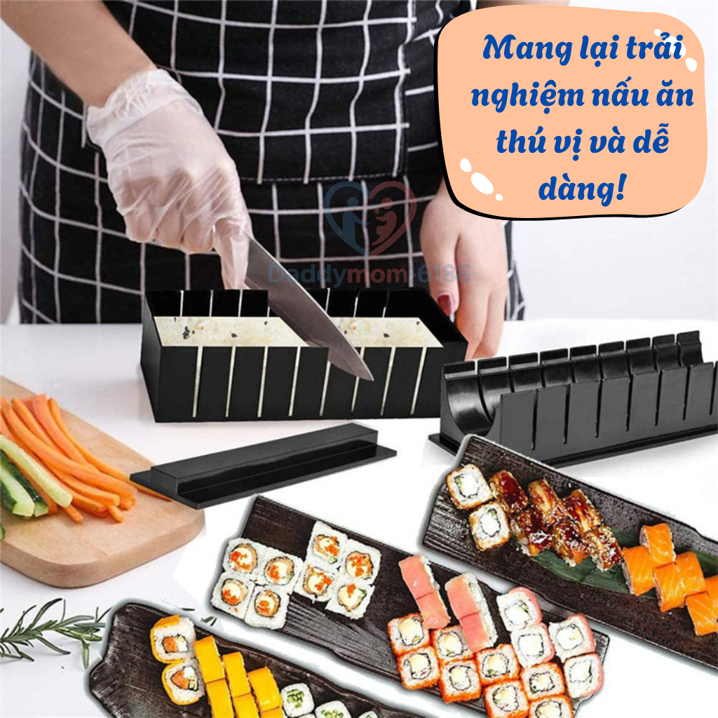 Bộ khuôn làm Kimbap 11 món kèm dao đen. Dụng cụ làm cơm cuộn rong biển Kimbap tại nhà. Dễ làm cho cá
