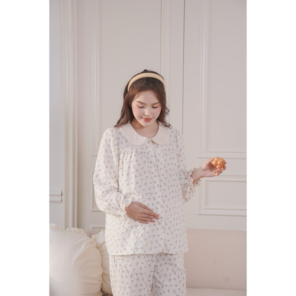 Bộ Ngủ Bầu Joamom Vải Xô Nhật Cổ Ren Bo Thanh Lịch Thoáng Mát Khóa Cho Bé Tu Ti – JTBB099