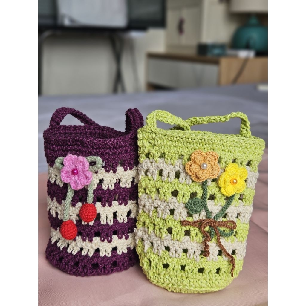 Egreen_Túi len handmade siêu bền đựng chai nước, ly nước treo xe máy