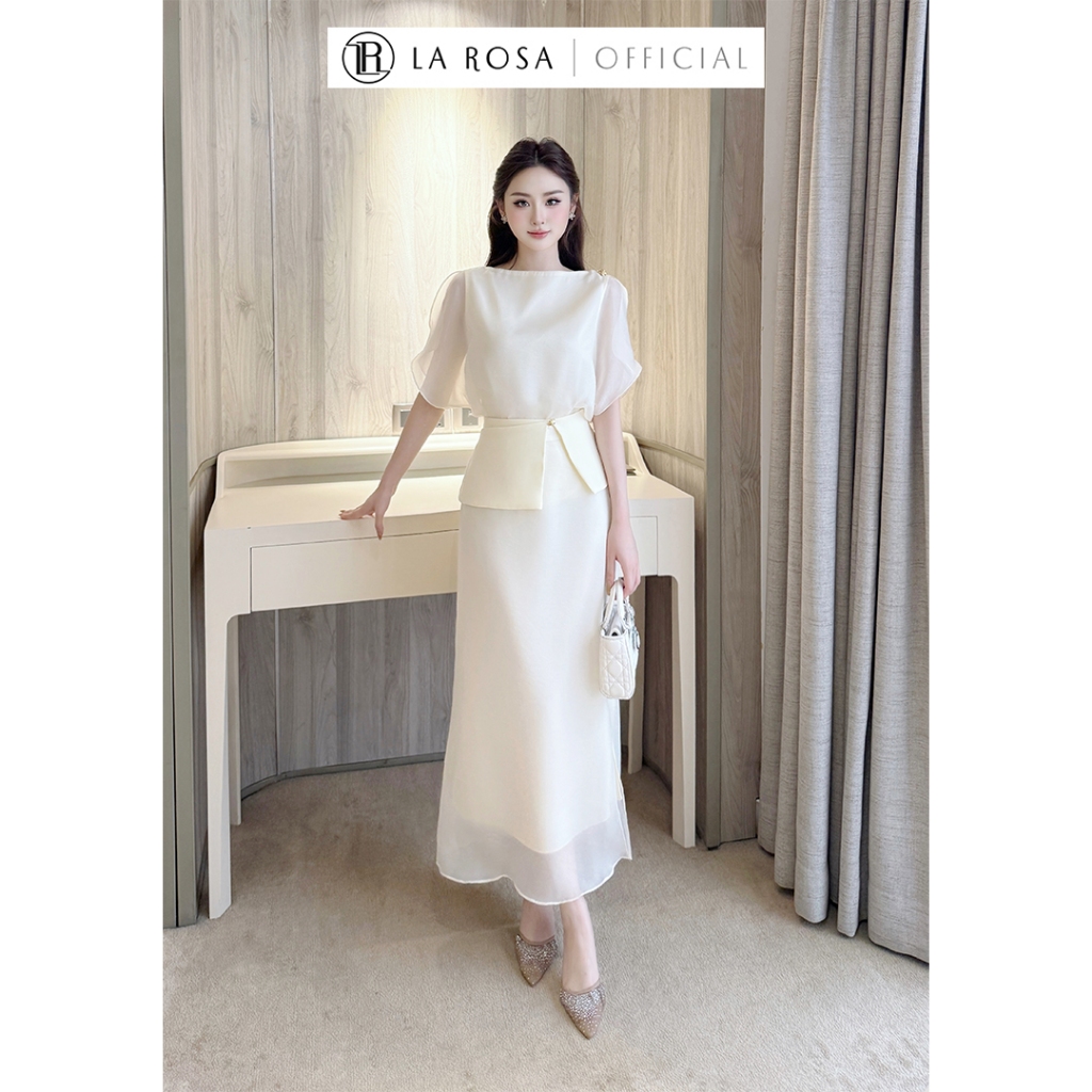 La Rosa Set Váy Công Sở Thanh Lịch Áo Cổ Thuyền Tay Lỡ Phối Chân Váy Xẻ Cạnh Suông Dài Tôn Dáng, Basic S928