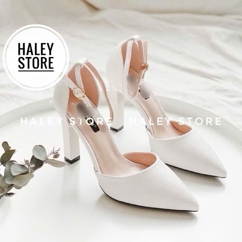 Giày nữ HALEY STORE bít mũi gót vuông 9cm sang chảnh tiểu thư rẻ bền đẹp cô dâu tiệc cưới êm chân dễ đi min trơn trắng