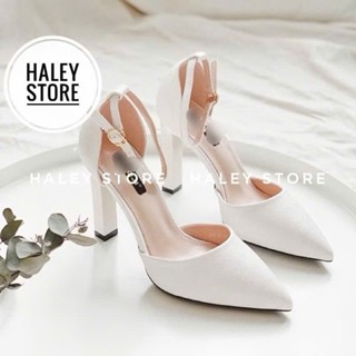 Giày nữ HALEY STORE bít mũi gót vuông 9cm sang chảnh tiểu thư rẻ bền đẹp cô dâu tiệc cưới êm chân dễ đi min trơn trắng