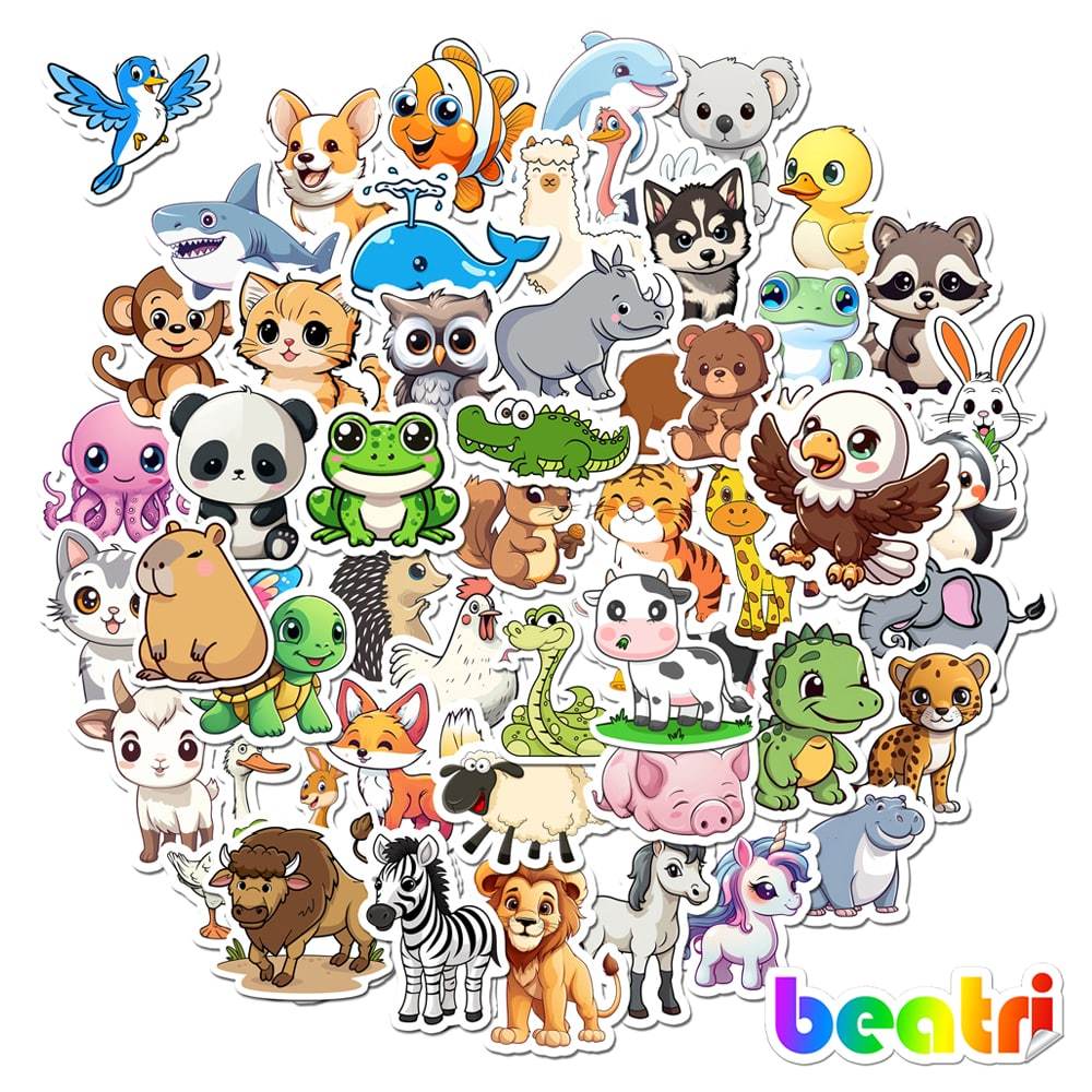 Bộ 50 Sticker Động Vật Dễ Thương Chống Nước, Nhãn Dán Mũ Bảo Hiểm, Bình Nước, Quà Tặng Cho Bé