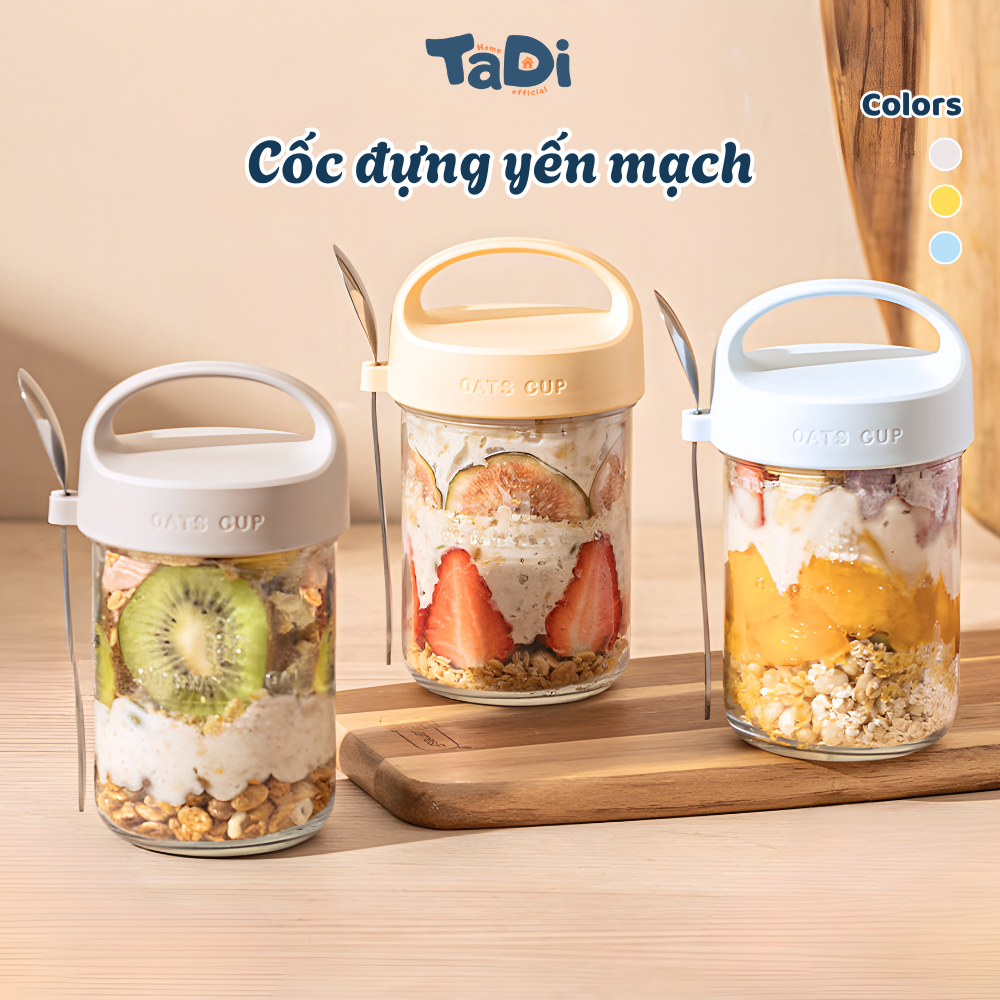 Cốc Đựng Yến Mạch Thuỷ Tinh Trong Suốt TADI Tặng Kèm Thìa, Hũ Đựng Yến Mạch, Bình Đựng Sữa Chua 430ml Có Nắp Đậy Kín