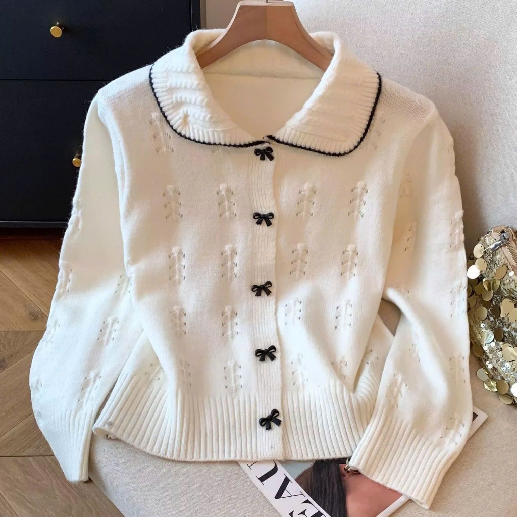 Áo Cardigan Len Cúc Nơ Cổ Sen Đen Trắng AO173 BIGSIZE - Áo Khoác Nữ - Áo Len Dệt Kim Nữ Dài Tay Thu 
