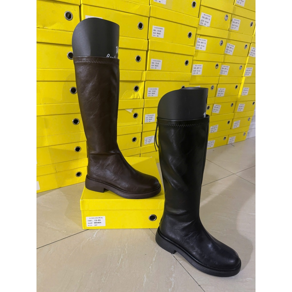 Boot nữ BEESHOES cao gót, bốt nữ cao cổ, da lì mũi tròn gót vuông cao 4 phân sẵn màu nâu - đen BT017