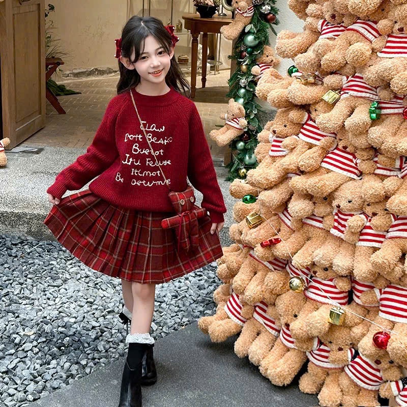 [VOUCHER 60K] Set noel 3CT cho bé gái, áo len thỏ mix chân váy caro xếp ly kèm túi gấu cho bé 10-30k