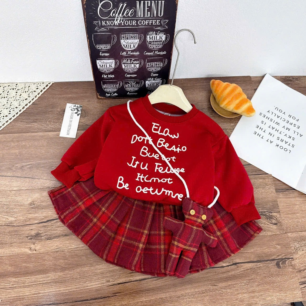 x119 set áo nỉ phối chân váy dạ kẻ tặng kèm gấu bông cho bé diện đi chơi noel