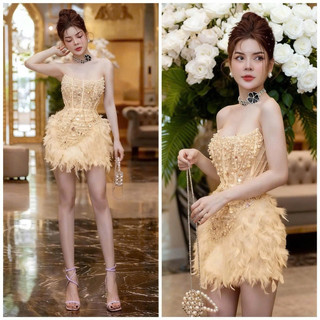 Đâm body dự tiệc TRIPBLE T DRESS phối lông vũ đính cườm - size S/M/L