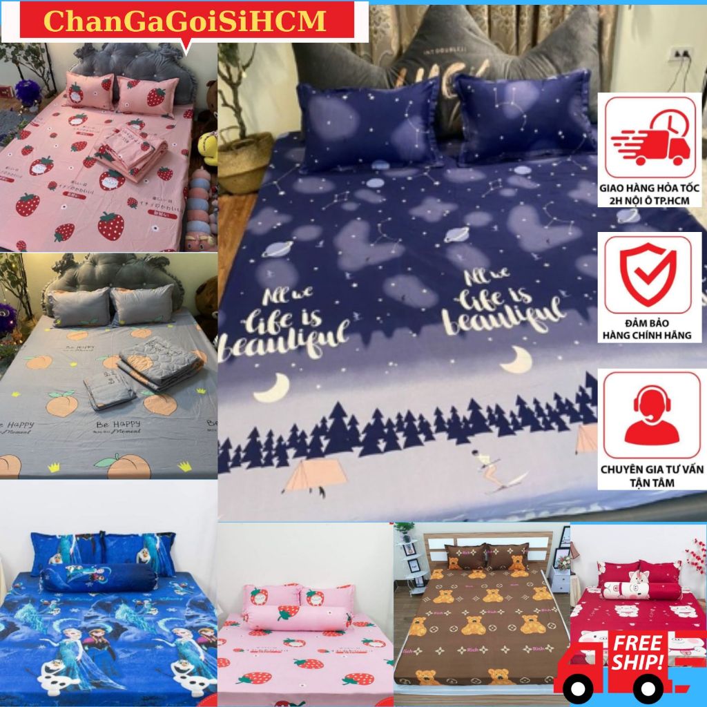 Bộ Ga gối 1M6x2M Cottonpolly trải giường Nhiều Mẫu Đẹp lựa chọn, Bộ Drap giường 1m6x2M gồm 1 Ga Chun