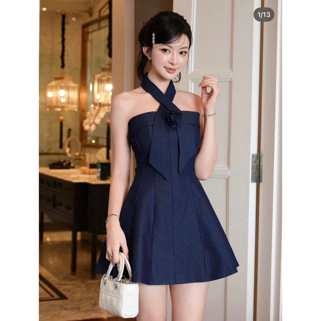 ĐẦM XANH CỔ YẾM ĐÍNH HOA NGỰC