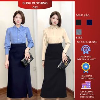  Chân váy công sở Susuclothing dáng chữ A dài qua gối xẻ trước có túi dài 80cm CV8386 