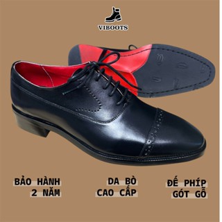 Giày Nam Oxford Balmoral Captoe Đế Phíp Gỗ Đỏ Da Bò Thật Thương Hiệu Viboots Da Đen Bóng Cao Cấp
