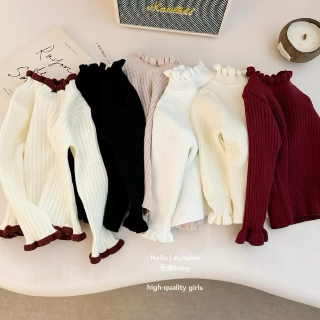 Áo Len Tăm Cổ Bèo Áo Len Cổ Lọ cho bé gái mix bên trong áo váy xinh