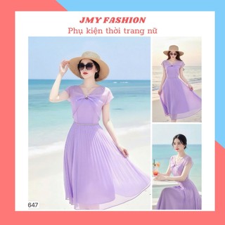 V3647 Váy voan tím dáng xòe dập ly thiết kế [Dolce Viva Colection (DVC)] đầm tím xòe đính ngọc cổ xoắn tiểu thư
