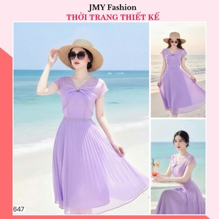 V3647 Váy đầm tím xòe cổ xoắn đính ngọc sang chảnh [Dolce Viva Colection (DVC)] đầm voan tím dáng xòe dài dập ly nữ tính