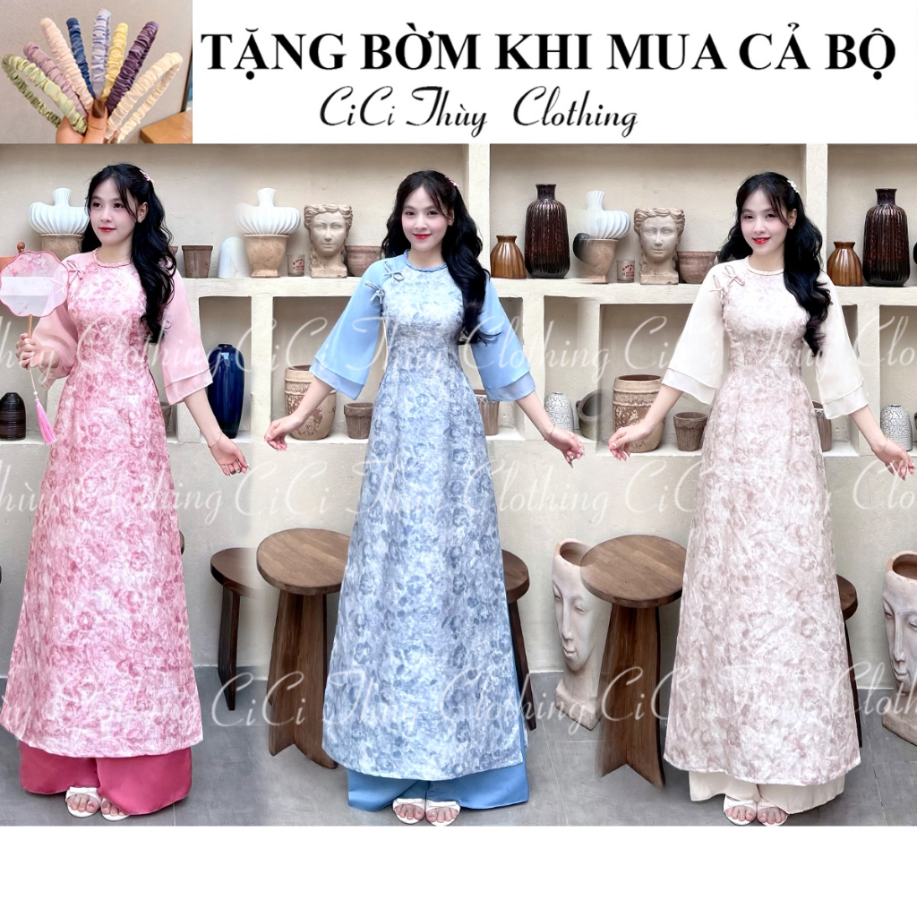 Áo Dài Tết 2026 Áo Dài Cát Tường Đan Cổ Đính Nơ Ngọc Dáng Eo Tay 2 Lớp Gấm ChâuSa CiCi Thuỳ Clothing