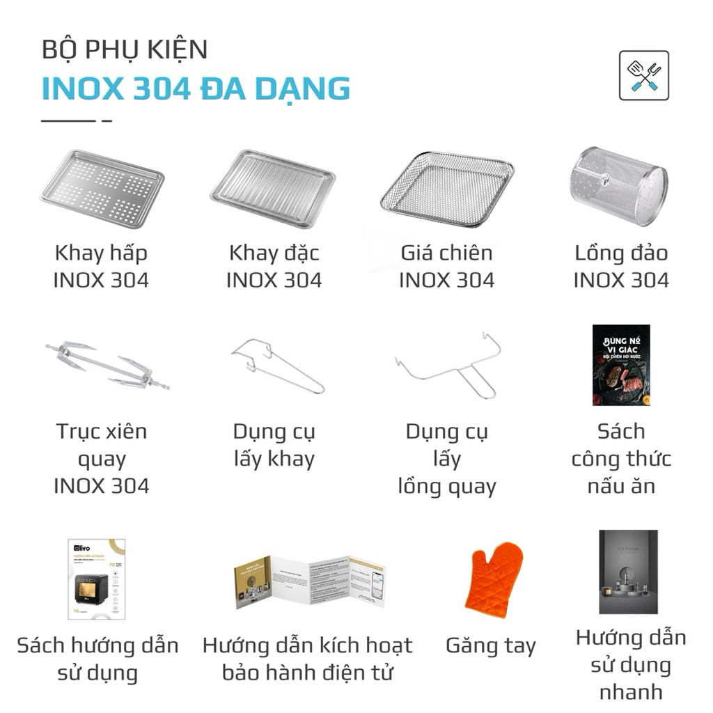 [CHÍNH HÃNG] Full Bộ Phụ Kiện Nồi Chiên Hơi Nước OLIVO SF1600 - Bảo Hành 24 Tháng