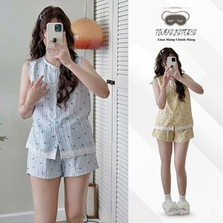  Đồ bộ nữ đồ mặc nhà TWO SISTERS đồ ngủ kẻ sọc set pijama cộc tay chất liệu đũi cổ bánh bèo mặc cực thoáng mát M80.3 
