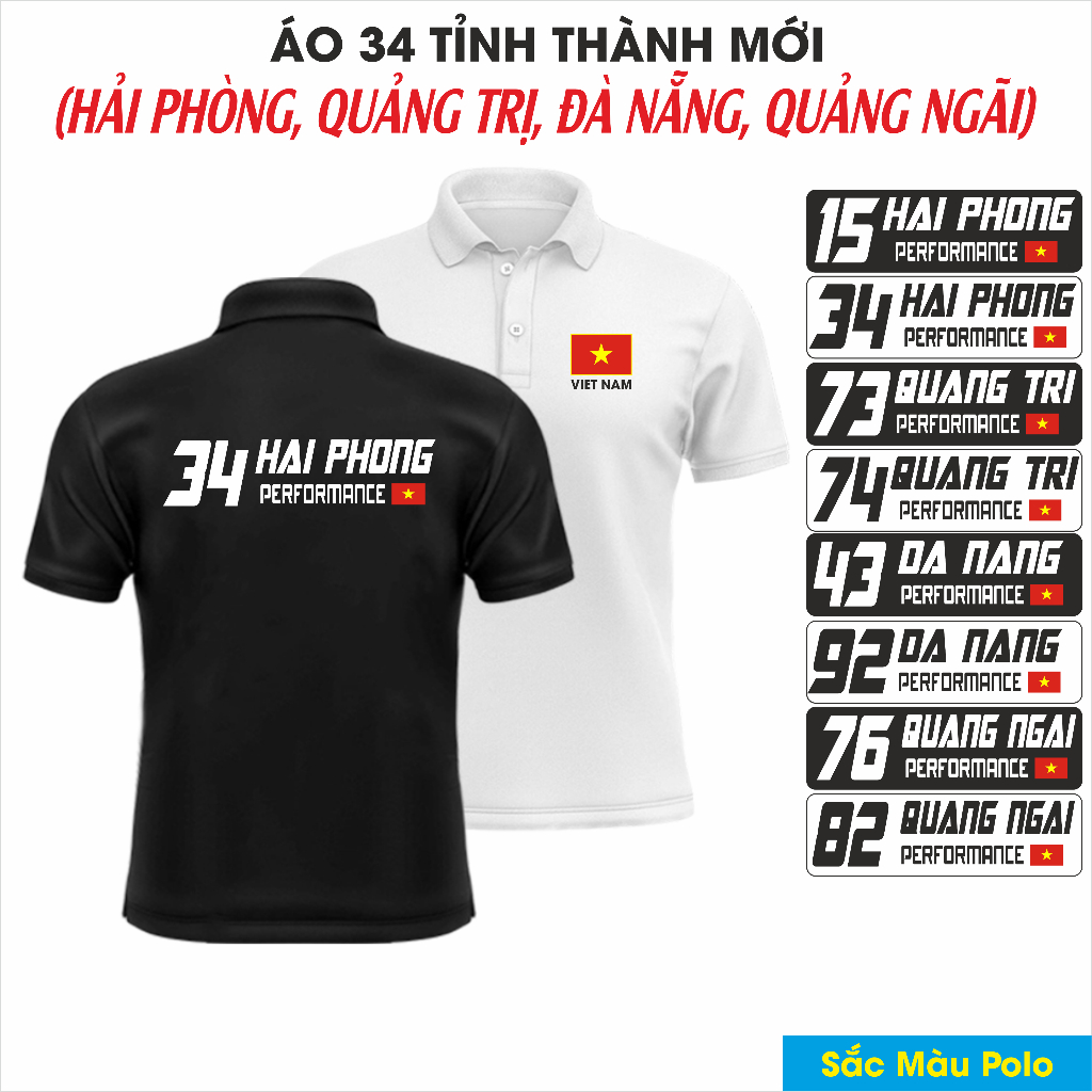 Áo 34 tỉnh thành mới(Hải Phòng, Quảng Trị, Đà Nẵng, Quảng Ngãi) - Sắc màu polo - Vải cá sấu