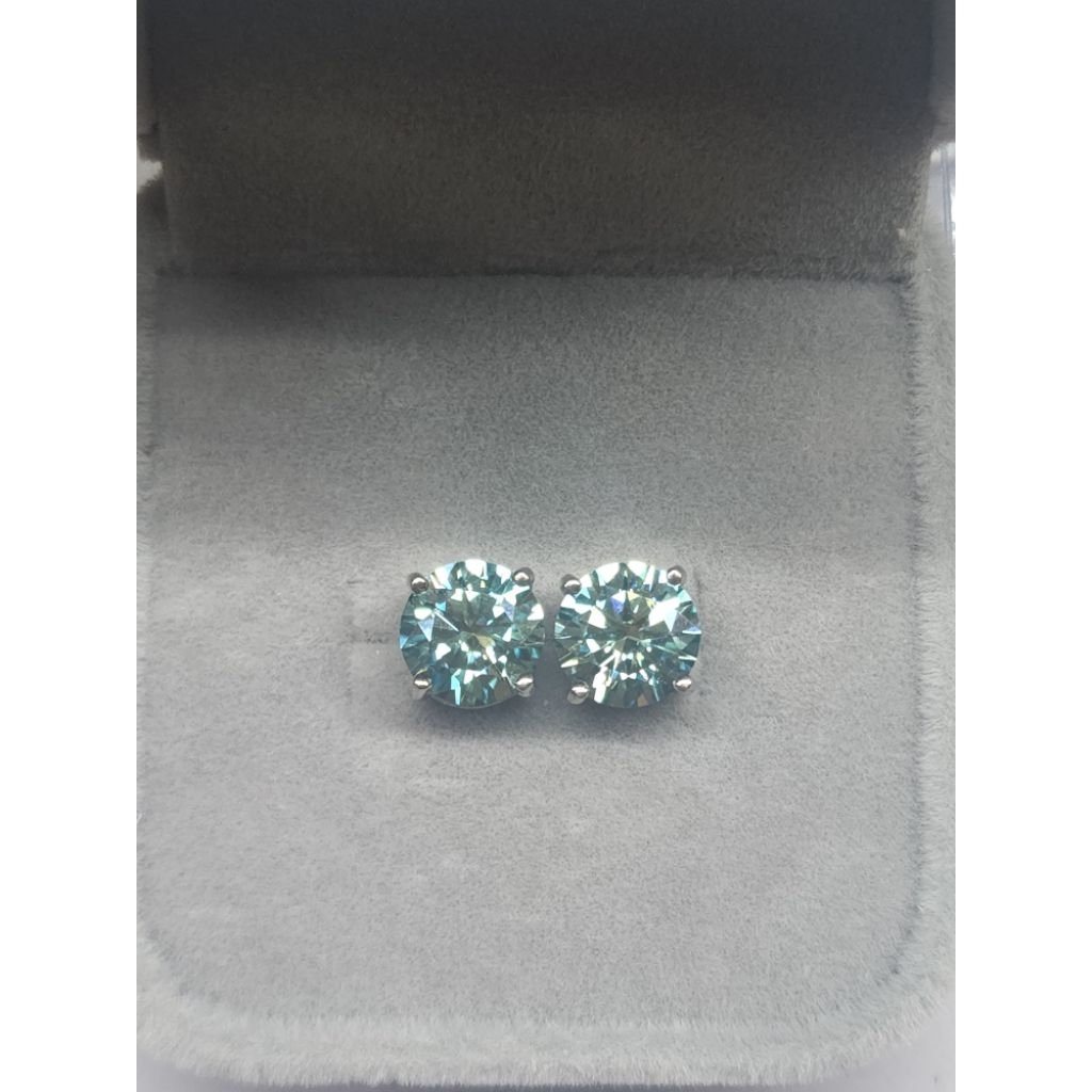 Bông tai bạc 925 đính kim Moisanne 8ly ( 2 carat) màu xanh