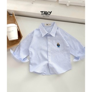   TABY  FORM NHỎ Áo sơ mi xanh kẻ dài tay thêu hình chất liệu vải thô mềm thoáng khí cho bé trai bé gái 8-23kg TB53 
