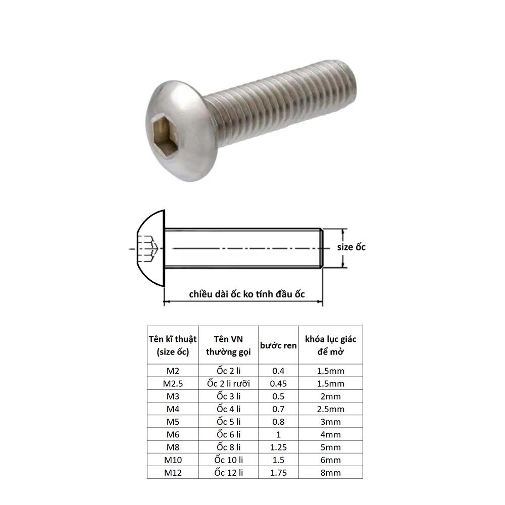 Ốc lục giác đầu dù INOX 6 li (M6) 6x10 6x16 6x20 6x25 6x30 6x40