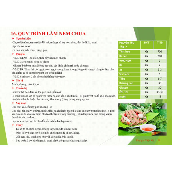 QUY TRÌNH LÀM NEM CHUA CÙNG PHỤ GIA VMC (5 loại)_NEM+3S+IG XANH+Gluten/ bột biến tính+SORBATE