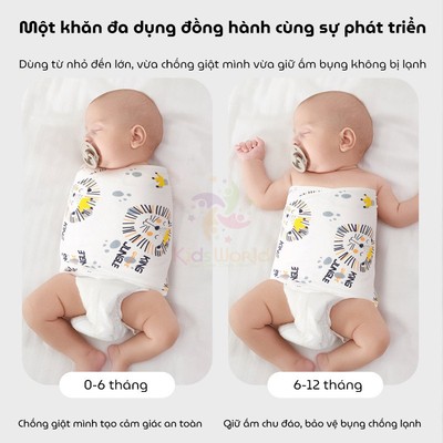 Khăn Quấn Bé Sơ Sinh Chống Giật Mình,Vải Cotton Organic Mại Với Da Kidsworld, Cho bé 0-12 tháng
